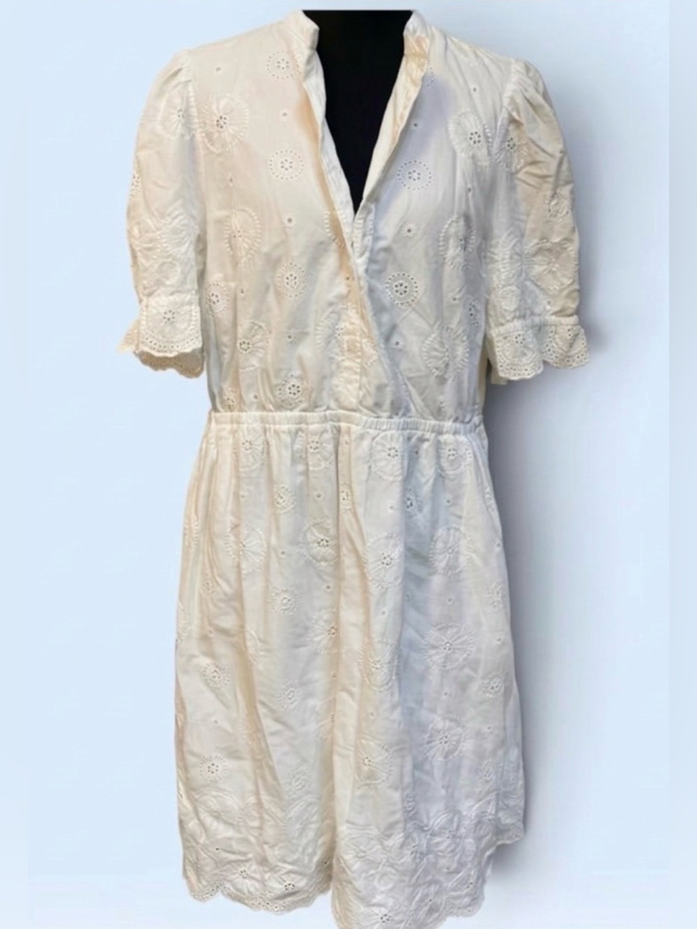 Boden White Eyelet Cotton Mini
Puff Sleeve Button-Front Shirt Dress SIZE 12